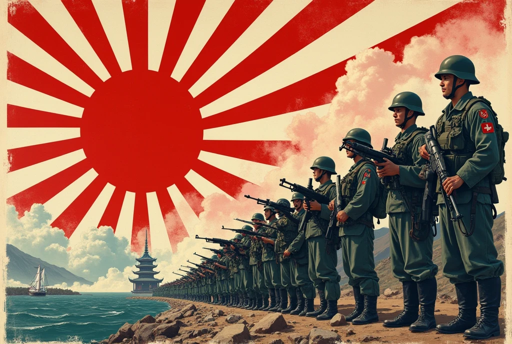 a Japanese military propaganda poster, calling on the population to recruit for war. ww2 style