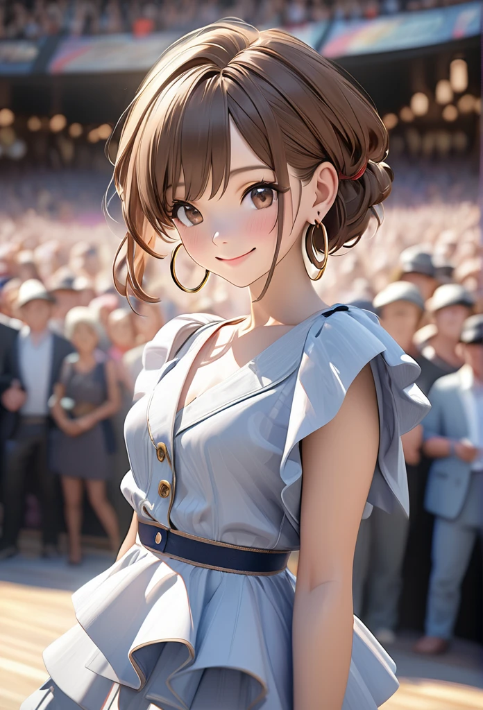 Ultra-realism、One person, High resolution, Shortcuts, smile, Brown Hair, High resolution, masterpiece, Hoop Earrings, Cowboy Shot, Impressionism, 3D Rendering, Anime Style, Close to the audience、Cute clothes that don't reveal much