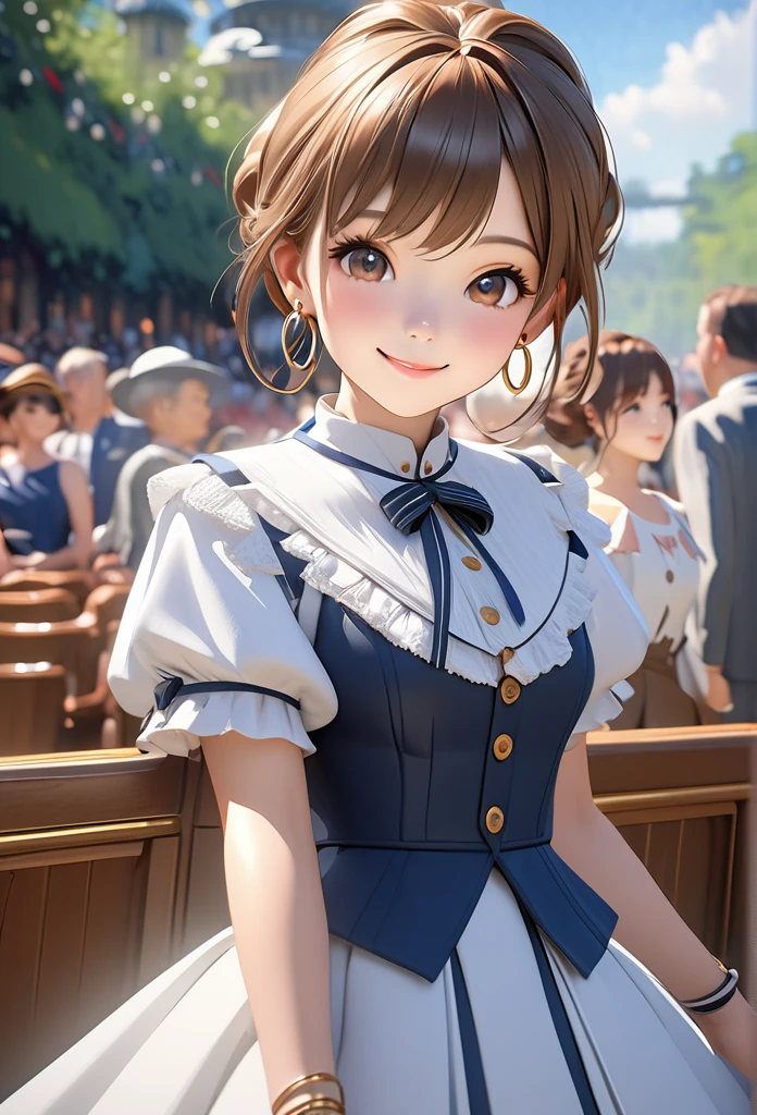 Ultra-realism、One person, High resolution, Shortcuts, smile, Brown Hair, High resolution, masterpiece, Hoop Earrings, Cowboy Shot, Impressionism, 3D Rendering, Anime Style, Close to the audience、Cute clothes that don&#39;t reveal much