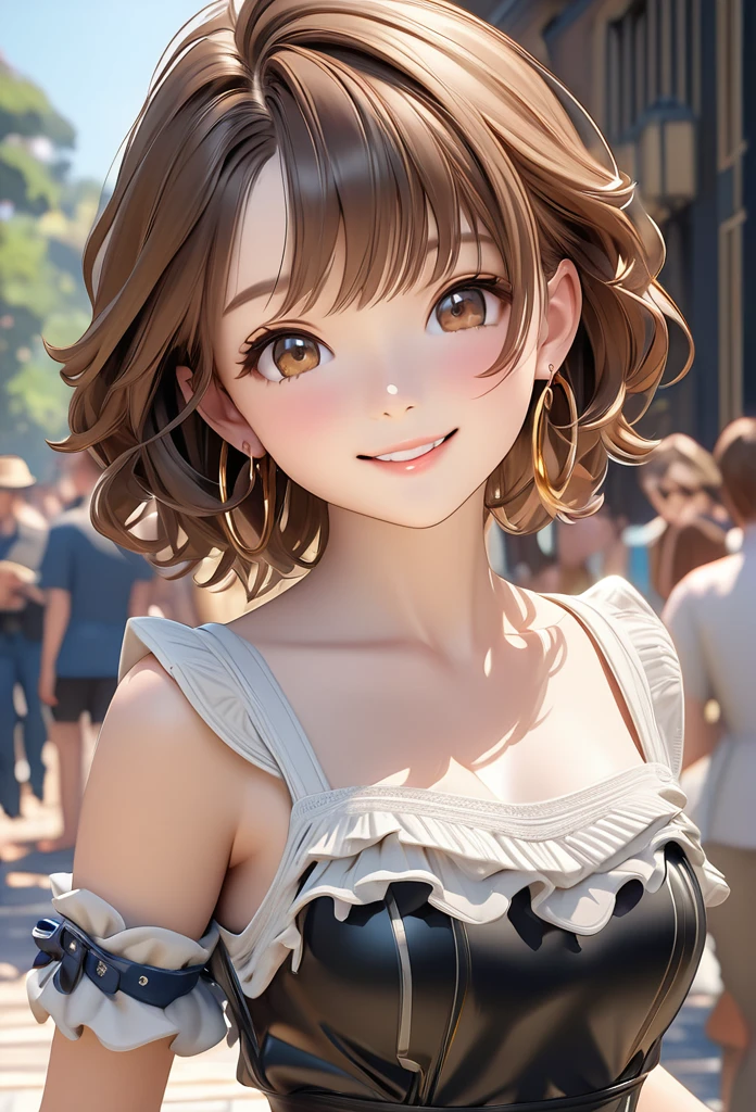 Ultra-realism、One person, High resolution, Shortcuts, smile, Brown Hair, High resolution, masterpiece, Hoop Earrings, Cowboy Shot, Impressionism, 3D Rendering, Anime Style, Close to the audience、Cute clothes that don&#39;t reveal much