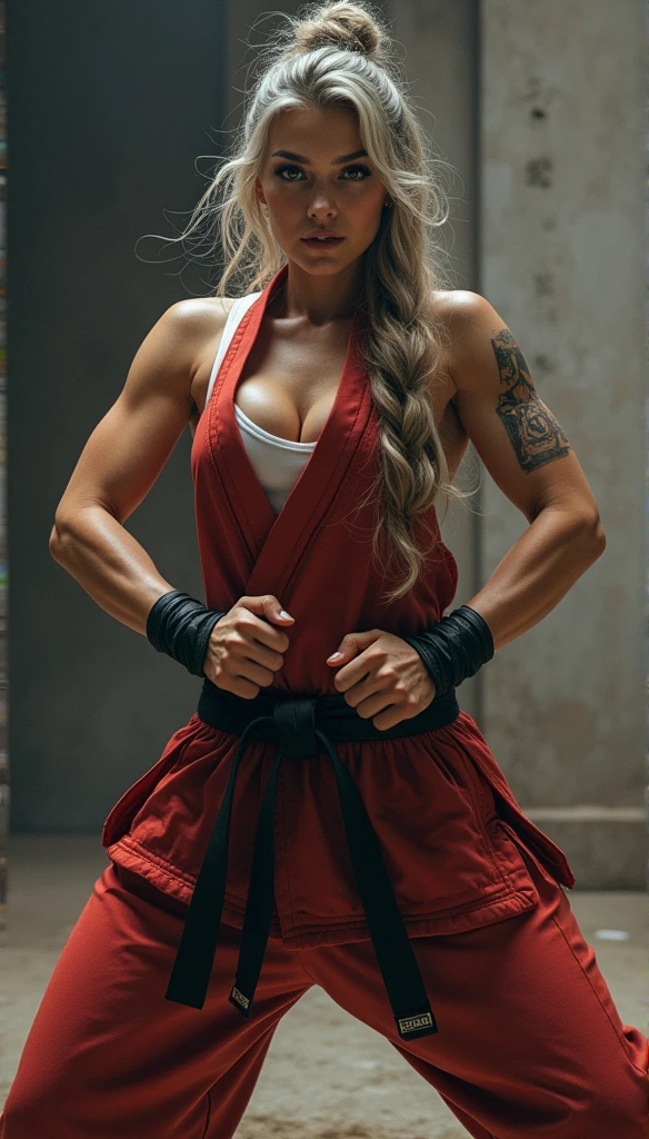 Realistic busty 55yo mature woman,Karateka,hokuto shinken,ultimate form,Realistic sexy battle aura