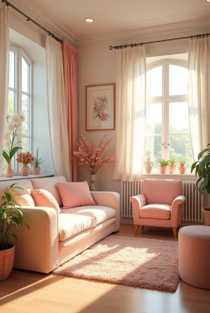 A Living room with pastel colors without people with a lot of decorations