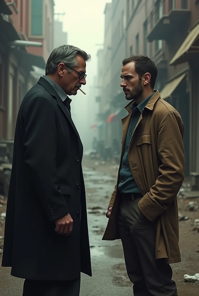 A DETECTIVE interviewing a WITNESS
BREAK, a DETECTIVE (1man, salt and pepper hair, spectacles, grizzled veteran, handsome older man in a dark suit and trenchcoat, holding a cigarette in one hand, asking questions)
BREAK, a WITNESS (1man, young grimy man, dirty clothes, thinning hair, blue eyes, pale skin, wiry fame, gesturing plaintively)
BREAK, a hard-boiled detective and the witness are facing each other as they talk
BREAK, background is the downtrodden streets of a major metropolis in downtown with old buildings, dirty streets and sidewalks in disrepair
BREAK, ((((masterpiece)))), high quality, very_high_resolution, large_filesize, full color,