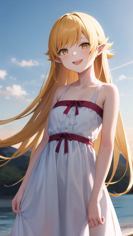 masterpiece, best quality, highres, aashinobu, aged down, long hair, pointy ears, white dress, standing, cowboy shot, smile, fang, outdoors,