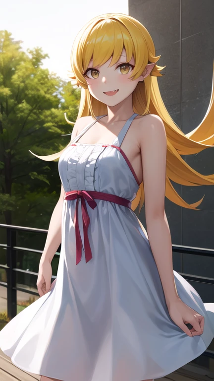 masterpiece, best quality, highres, aashinobu, aged down, long hair, pointy ears, white dress, standing, cowboy shot, smile, fang, outdoors,