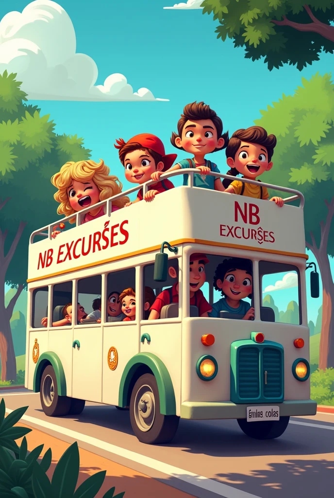 A double-decker tour bus with 4 friends on top of the bus, with the inscription 'going to Caldas Novas' and a logo that reads 'NB EXCURSÕES'. The bus is white and the four friends are dressed as if they were in the universe of the Monica gang.