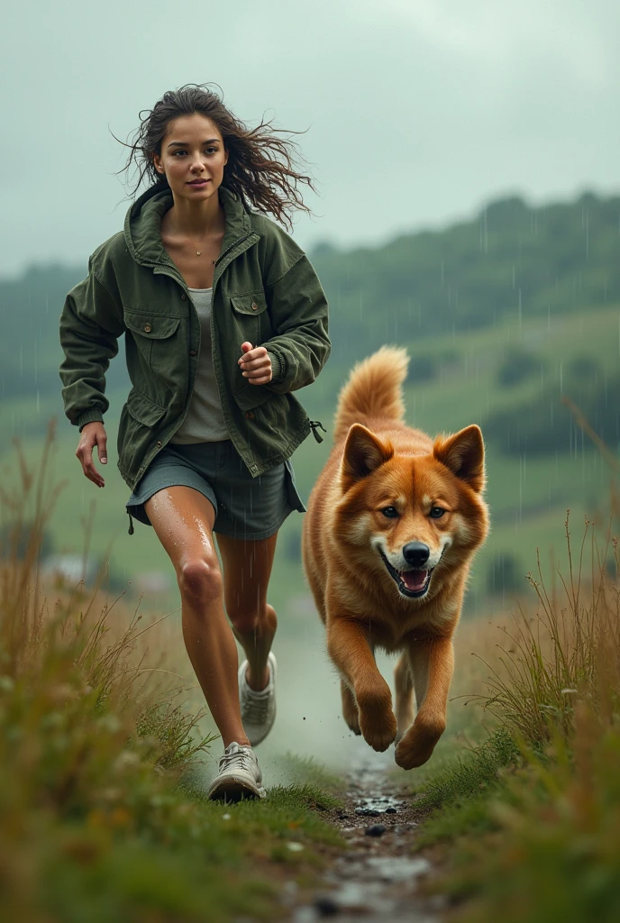 a girl running with her dog in the rain, realistic 3D render, detailed facial features, beautiful girl, detailed dog, dynamic motion, raindrops, wet clothes, countryside landscape, overcast sky, natural lighting, vibrant colors, cinematic composition, photorealistic, masterpiece, highly detailed, 8k