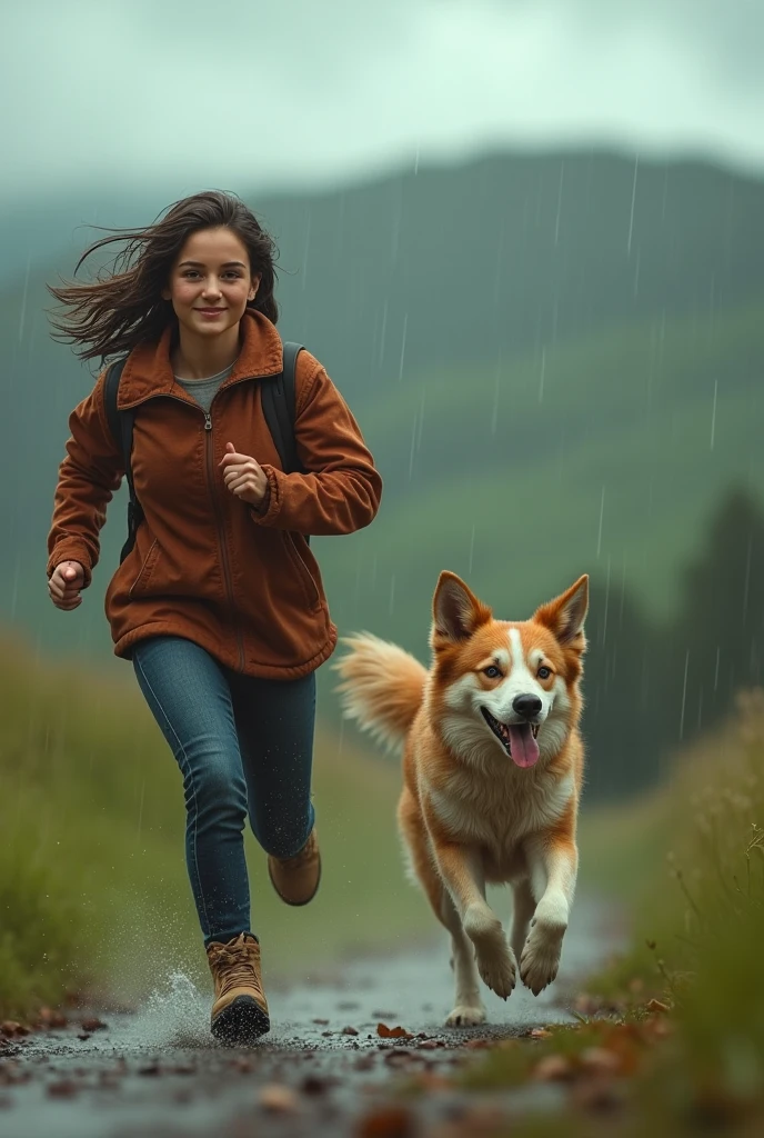 a girl running with her dog in the rain, realistic 3D render, detailed facial features, beautiful girl, detailed dog, dynamic motion, raindrops, wet clothes, countryside landscape, overcast sky, natural lighting, vibrant colors, cinematic composition, photorealistic, masterpiece, highly detailed, 8k