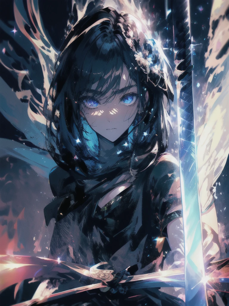 Holding a one-handed sword、Please take the black sword.、((masterpiece, highest quality, Super detailed, High resolution)), alone, beautiful girl, shining eyes, perfect eyes, , black white gold theme,