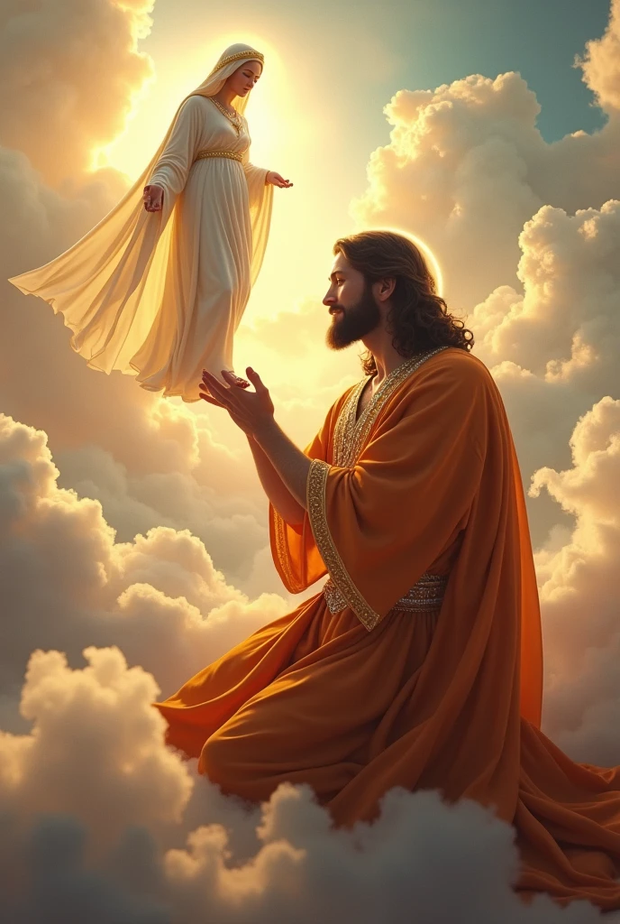 (photorealism:1.2), handsome and hunk Jesus Christ, kneel and kissing  the foot of virgin Mary floating from the heaven that sorrounded of many clouds, wearing and cover his body of the elegant orange gown of the king sorrounded of many diamonds with light in his head and heart spreading all over, the eyes is close while praying, complete five finger, real feet, real beautiful hair, real image, heaven outdoors, bright lighting, clouds in background, beautiful light, real heaven and clouds, relaxed pose, realistic, intricate details, bright colors,