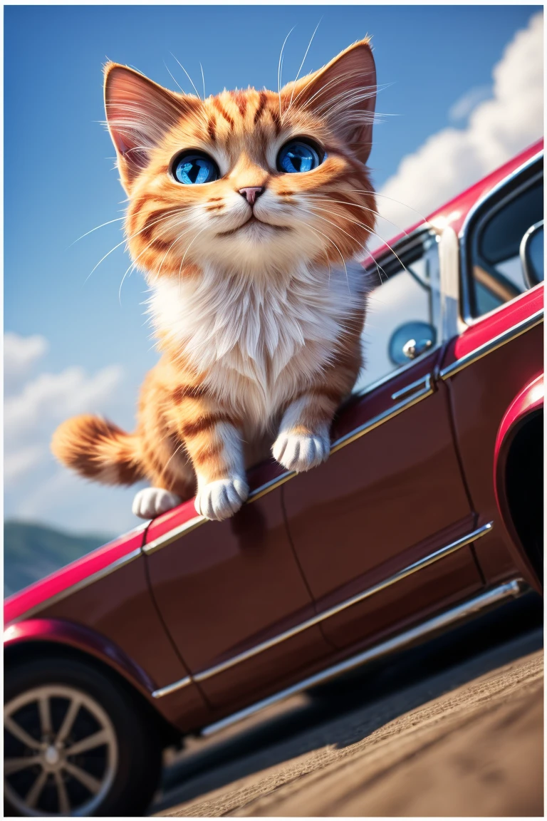 (Highest quality、masterpiece、8k))、Anatomically correct、Very detailed、High resolution、Cinematic lighting、Realistic、((Beautiful, sparkling, detailed eyes))、Intricate details、((Dynamic composition))、((かわいいkitten))、Big head、((Classic Cars))、((photographの白いフレーム))、coastline、((A composition with depth from an angle))、((driver､kitten))、photograph、(((White border)))、車に乗るkitten