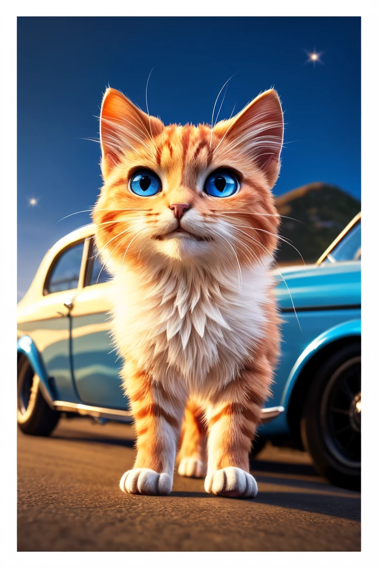 (Highest quality、masterpiece、8k))、Anatomically correct、Very detailed、High resolution、Cinematic lighting、Realistic、((Beautiful, sparkling, detailed eyes))、Intricate details、((Dynamic composition))、((かわいいkitten))、Big head、((Classic Cars))、((photographの白いフレーム))、coastline、((A composition with depth from an angle))、((driver､kitten))、photograph、(((White border)))、車に乗るkitten