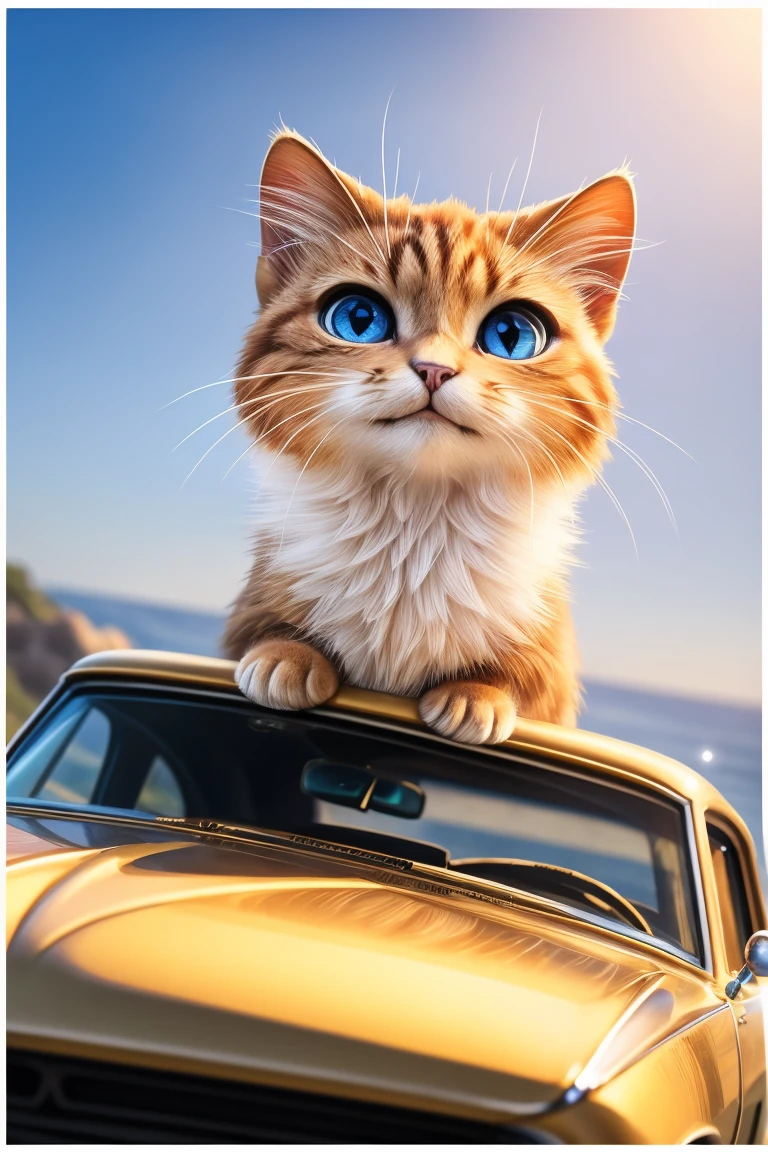 (Highest quality、masterpiece、8k))、Anatomically correct、Very detailed、High resolution、Cinematic lighting、Realistic、((Beautiful, sparkling, detailed eyes))、Intricate details、((Dynamic composition))、((かわいいkitten))、Big head、((Classic Cars))、((photographの白いフレーム))、coastline、((A composition with depth from an angle))、((driver､kitten))、photograph、(((White border)))、車に乗るkitten