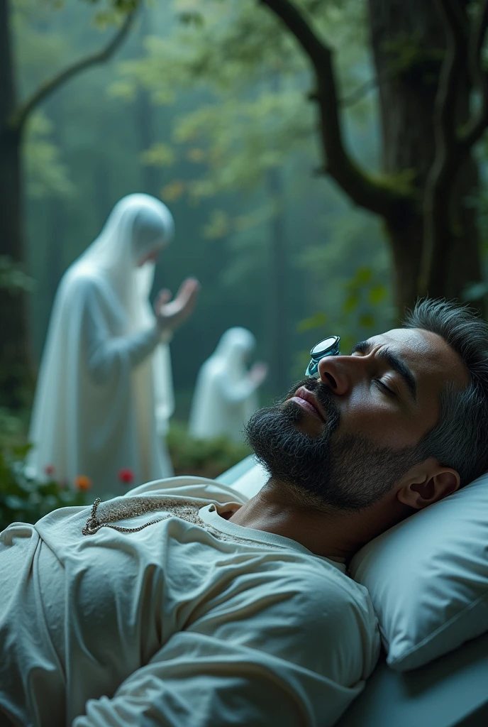 A very serious man intubated with a respirator lying in a bed near a forest where there are souls praying