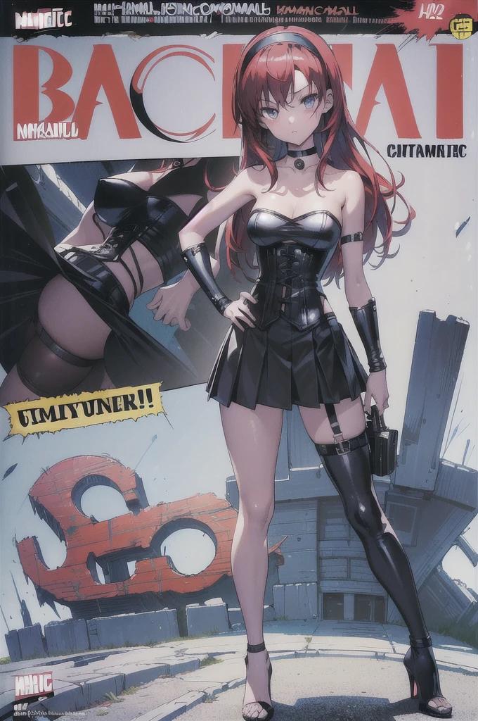 (((best quality))), (((ultra detailed))), (((masterpiece))),(((comic book))), sexy Slim , girl, small young body, long red hair, black hairband, black choker, medium Breasts hanging, black corset strapless tight fitting, black sexy Tiny mini Skirt, black platform high heels sandals, action, dynamic, speech bubbles, pow, bang.