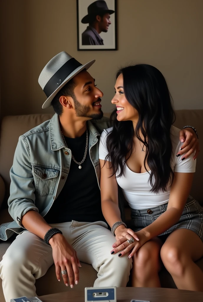 Bruno Mars wearing a small gray hat with a black stripe , a gray denim jacket , black bead bracelet and a wide silver bracelet on his left arm , on his right hand he is wearing a silver ring on his index finger , he is wearing a black shirt under the jacket and a white necklace around his neck . He is with a beautiful woman who has long black hair, her eyes are light green , wearing a short white shirt   ,she is wearing a gray plaid skirt she is wearing a ring on her left hand and two bracelets on her right arm  , they are next to each other looking at each other with a look of chemistry and love in a living room , in front of him there is a mezzanine with a cassette tape above it, his tapes from inside are illustrating on the table the image of Bruno Mars with a hat in the image should have the caption “Cause you're amazing”, just the way you are”