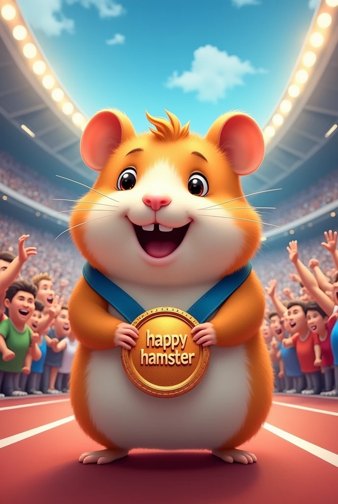 Happy hamster in a large crowd of a olympic game and putting on a bronze reward around neck in an Olympic hall, and "happy hamster" was written on the bronze reward 