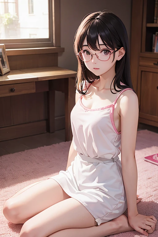 Highest quality、masterpiece、High sensitivity、High resolution、Detailed Description、Slender women、Glasses、White camisole、Sitting on the floor、Inside the room、With pink lighting、Illuminated、
