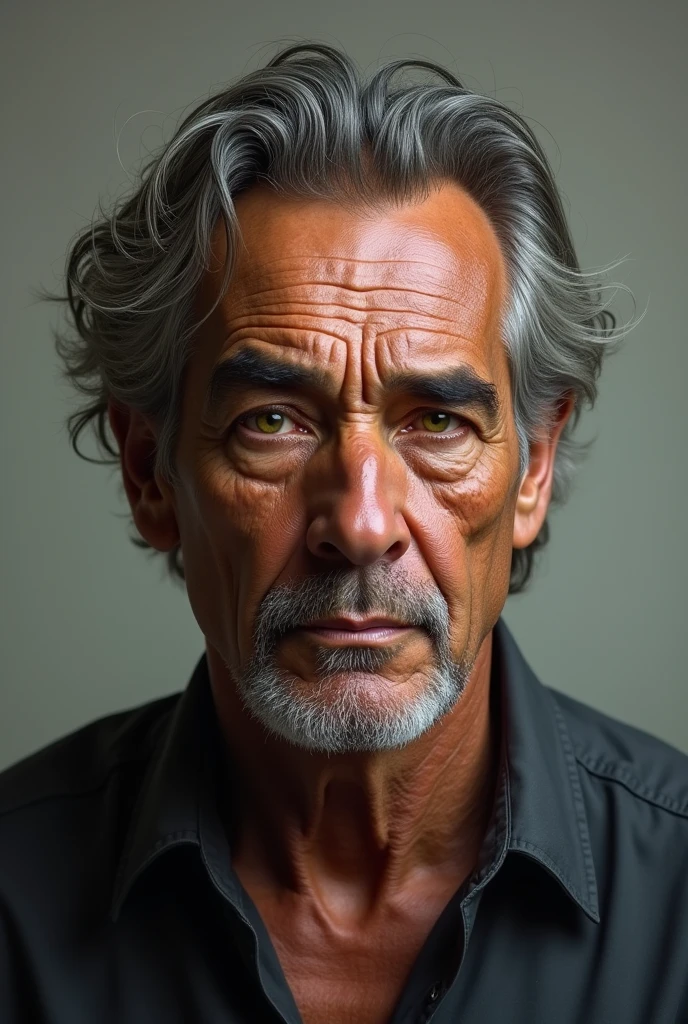 Make a portrait of a tall Colombian man, with green eyes, with gray hair, and with large hands, 40 years old