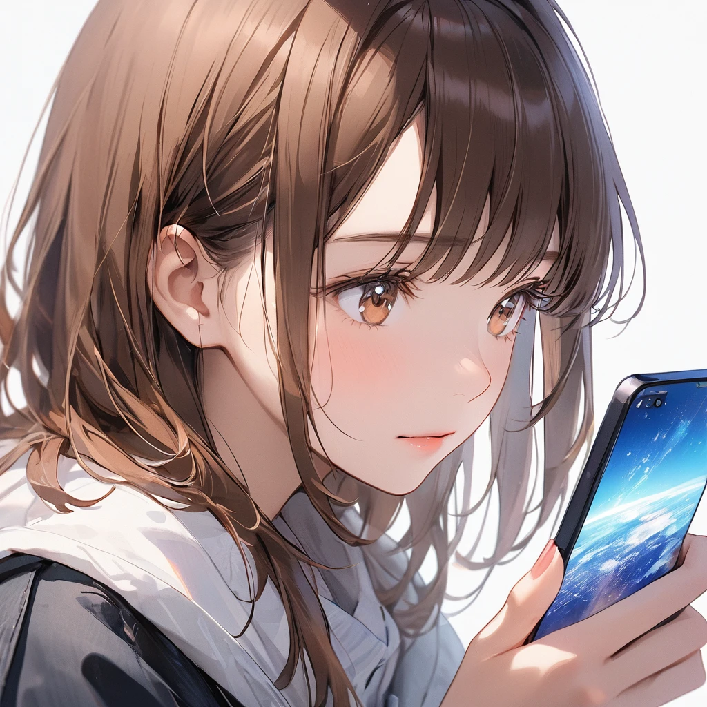 A 20-year-old woman with brown hair, focusing on her upper body with no background. She is looking at the screen of a smartphone in her hand. Her expression is engaged or thoughtful as she interacts with the device, highlighting a moment of concentration or connection with the digital world.