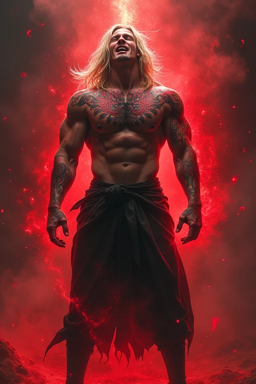 Make a muscular blonde man with long hair wearing black pants and boots and tattoos on his body in red with demonic symbols. He has the powers to control red energy. , He's screaming in pain