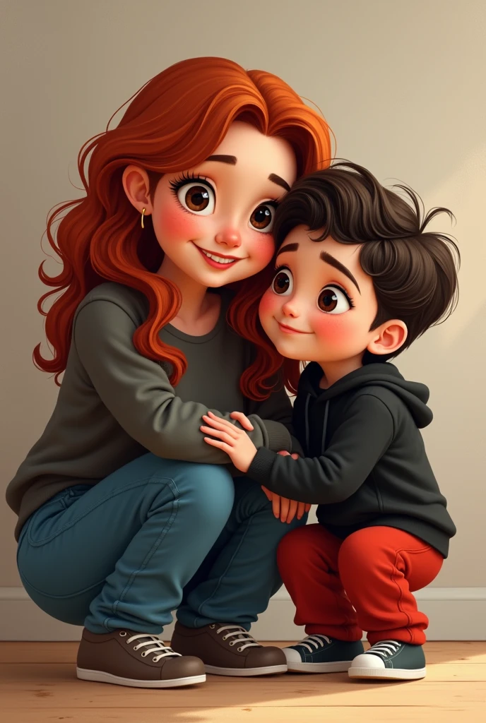 mother e hijo juntos.
mother, Red hair dyed with black roots, long hair with waves and volume, Smiling shows dimples on both cheeks., thick, pink lips, Round, dark brown eyes, Long, curly black eyelashes, bushy eyebrows, overweight.
son, 11 years, Thin, dark brown, wavy and voluminous hair, Traditional haircut. Smile without dimples, features similar to mom.