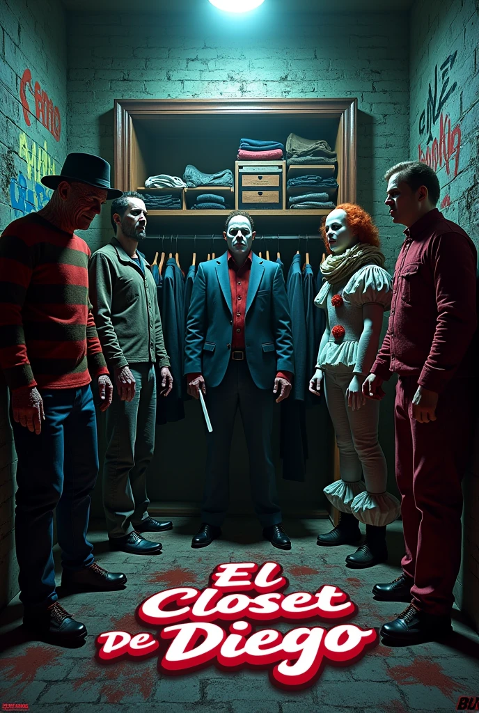 Help me create a group of horror movie figures around a clothes closet , I'd like the image to have a brick wall background with graffiti., Place a logo on the floor with hip hop lettering that blends well and says “El Closet De Diego”
Illuminate and add the appropriate shadows