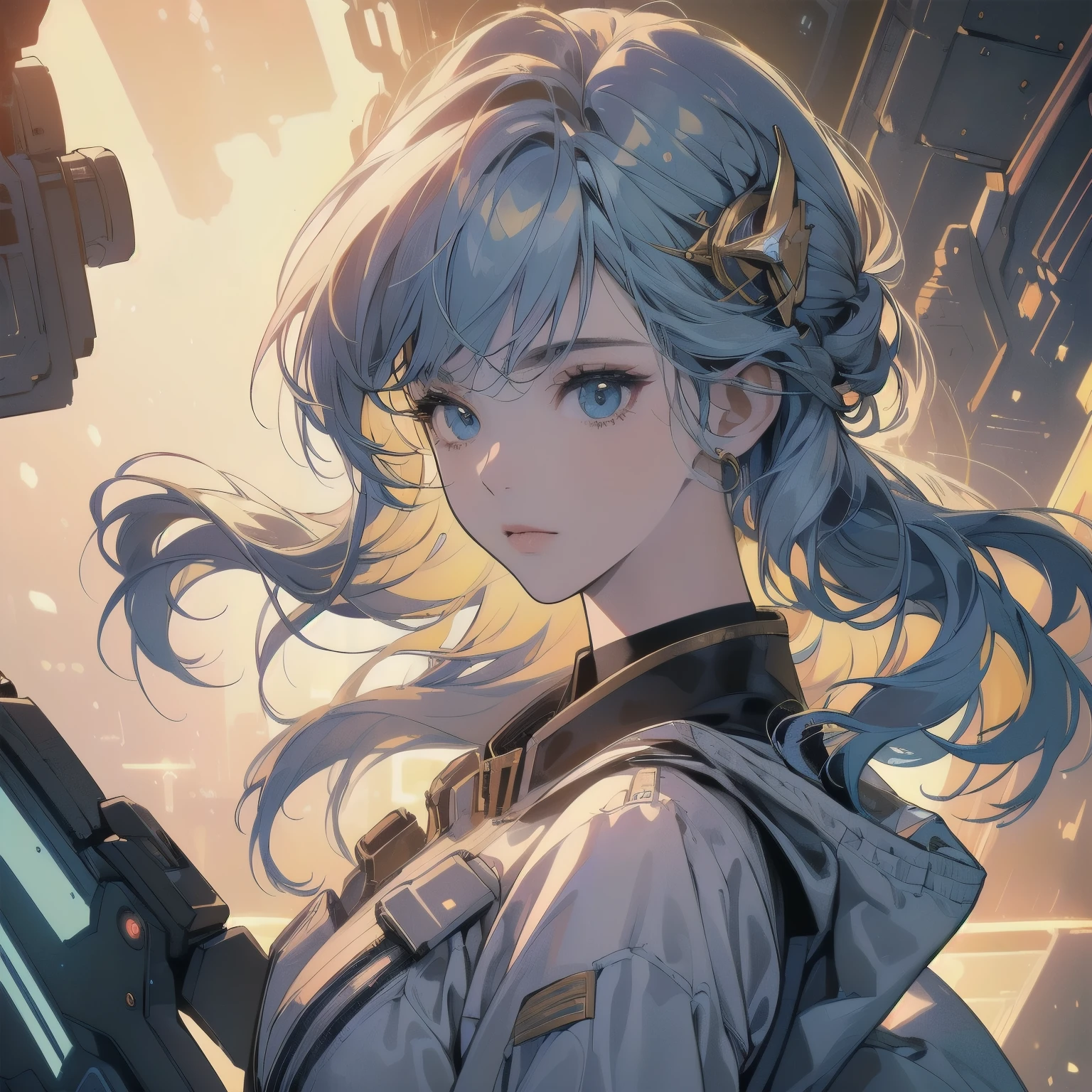 (((Masterpiece, top quality))), (((32K wallpaper))), ultra high resolution, (((close-up))), gorgeous light leak, (((backlit))), highly detailed background, One beautiful woman, inside a spaceship, perfect machine, spacesuit, perfect face, outer space, witchboard, perfect and detailed machine, detailed hair, (((Various angles))), cockpit, upper body shot, head shot , top quality, (((Various unique hairstyles))) Long shot, panorama,(((Various hair color))), Outer space in the background, Pale Lighting, shoot from above, (((Ultra-detailed golden futuristic hair ornament)))、(((カメラを見る)))