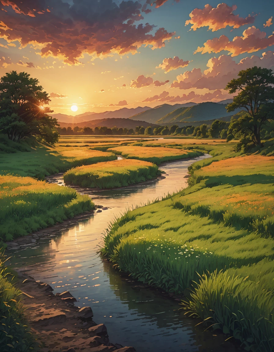 High resolution, High Definition,high quality,landscape, serene sunset
Along the river,hiking trail background painting, summer field, Grass , Channels, summer sky and incoming clouds, and shadow, 8khdr serene sunset
