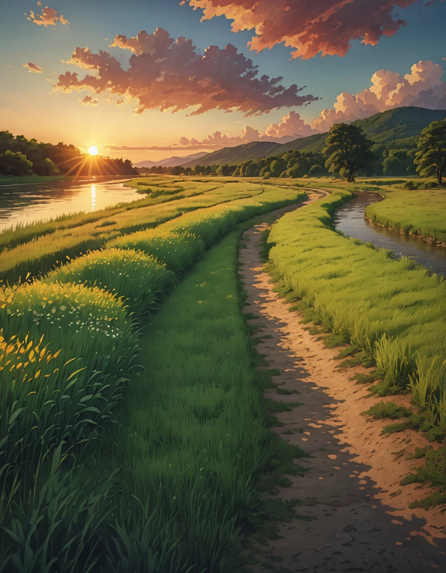 High resolution, High Definition,high quality,landscape, serene sunset
Along the river,hiking trail background painting, summer field, Grass , Channels, summer sky and incoming clouds, and shadow, 8khdr serene sunset