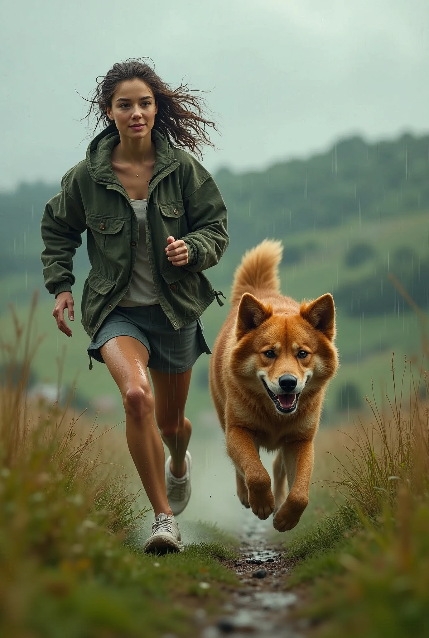 a girl running with her dog in the rain, realistic 3D render, detailed facial features, beautiful girl, detailed dog, dynamic motion, raindrops, wet clothes, countryside landscape, overcast sky, natural lighting, vibrant colors, cinematic composition, photorealistic, masterpiece, highly detailed, 8k