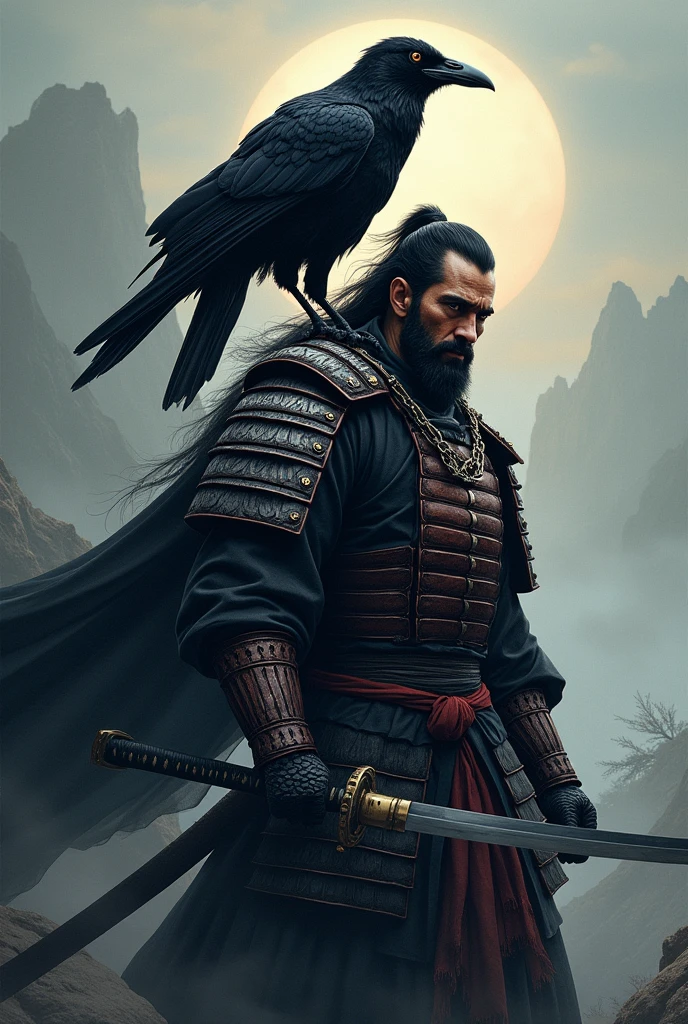 Create a logo of a samurai holding a katana with a raven on his shoulders.