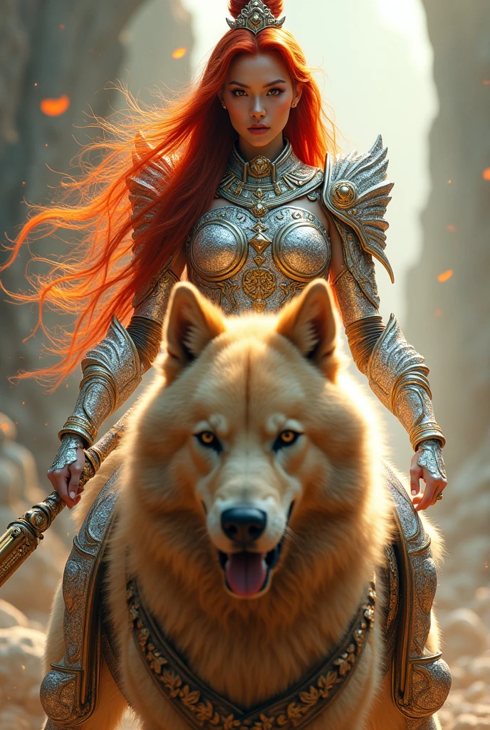 A Thai female warrior with long red hair, wearing silver and gold armor. Her arms are made of shining diamonds. She rides a large light brown dog.