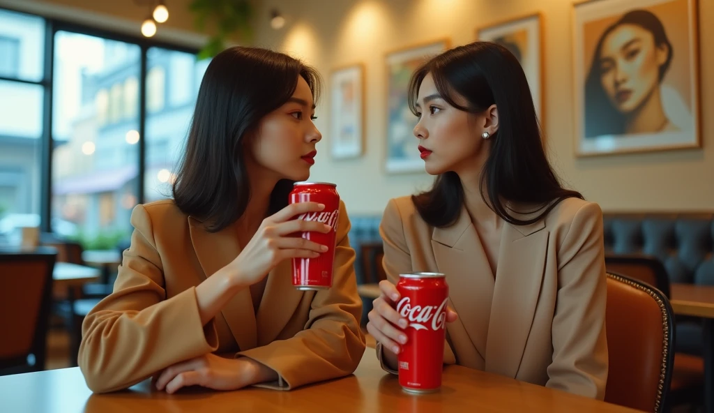Two beautiful Korean girls are sitting drinking coca-cola in a cafe, cinema lighting, real photo, advertising style, daylight, cold light,