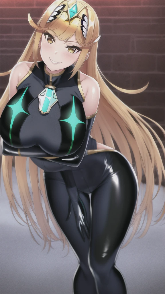 mythra, 1girl, solo, long_hair, breasts, looking_at_viewer, smile, bangs, blonde_hair, large_breasts, yellow_eyes, red_bodysuit, black_bodysuit, latex, cellar, dark, smirk, hand_on_own_hip, hanging_breasts, from_below, (leaning_forward:1.2)