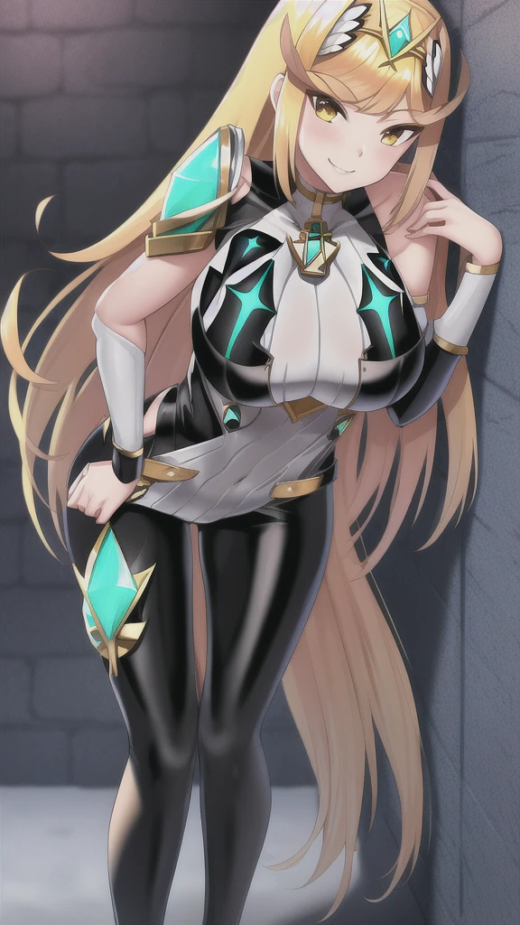 mythra, 1girl, solo, long_hair, breasts, looking_at_viewer, smile, bangs, blonde_hair, large_breasts, yellow_eyes, red_bodysuit, black_bodysuit, latex, cellar, dark, smirk, hand_on_own_hip, hanging_breasts, from_below, (leaning_forward:1.2)