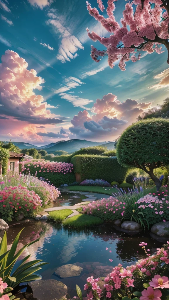 a beautiful lush garden, pink flowers in bloom, serene and peaceful landscape, dynamic lighting, dramatic sky with clouds, (best quality,4k,8k,highres,masterpiece:1.2),ultra-detailed,(realistic,photorealistic,photo-realistic:1.37),vibrant colors,warm color tones,natural lighting,stunning scenery,breathtaking vista,cinematic composition,environmental portrait