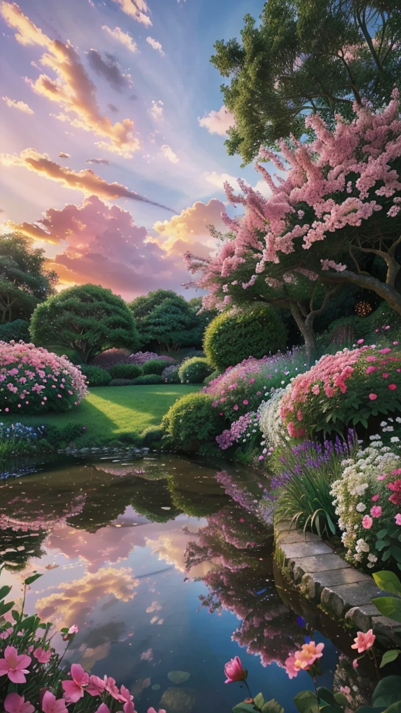 a beautiful lush garden, pink flowers in bloom, serene and peaceful landscape, dynamic lighting, dramatic sky with clouds, (best quality,4k,8k,highres,masterpiece:1.2),ultra-detailed,(realistic,photorealistic,photo-realistic:1.37),vibrant colors,warm color tones,natural lighting,stunning scenery,breathtaking vista,cinematic composition,environmental portrait