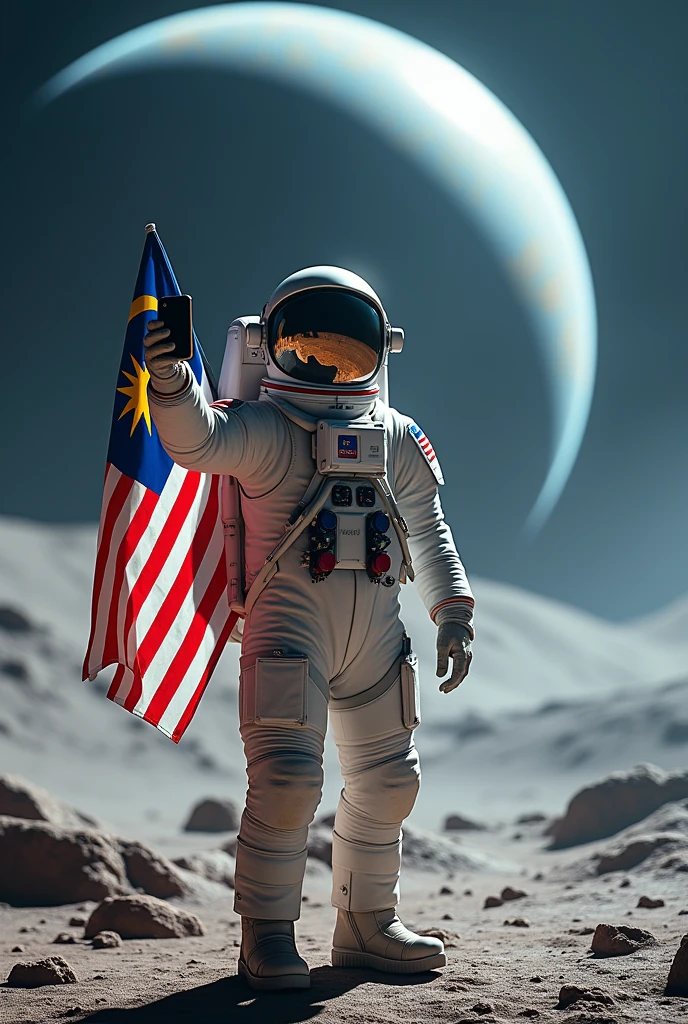 a Malaysia flag on the planet Neptune ,Malaysia astronaut taking a selfie,man height body average 45 year old detailed space suit,detailed Malaysia flag,detailed lunar landscape,dramatic lighting,cinematic angle,hyperrealistic,photorealistic,8k,unreal engine,stunning,vibrant colors,dramatic shadows,volumetric lighting,intricate details