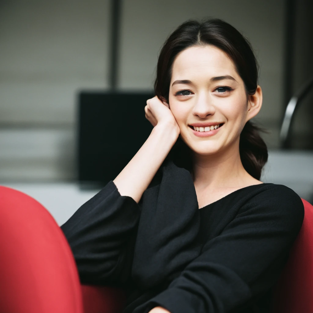 Upper body of Realistic photograph best quality portrait of a beautiful gorgeous young cute Asian woman, 21yo., looking something, detailed face, Realistic texture human skin, very beauty long and slender bright glowing face, curved eyebrows, droopy hooded eyes, low nasal bridge, wavy nose, full wide lips, bright smiling, ponytail, studio portrait, (((young Marion Cotillard blended face mixed with young Anne Hathaway))), Realistic studio photography, poised woman fair complexion, dressed vibrant crop top full sleeves black high collar detail, sits elegantly olive chair, duplicated chairs adjacent, forming coherent row, red headscarf encases hair, Leica SL3, Summicron-SL 75mm ASPH, F/5, (cinematic still:1.2), Film Never Die Kiro 400 film, bokeh, rim lighting, silhouette, shallowed depth of field, dynamic hands up,
