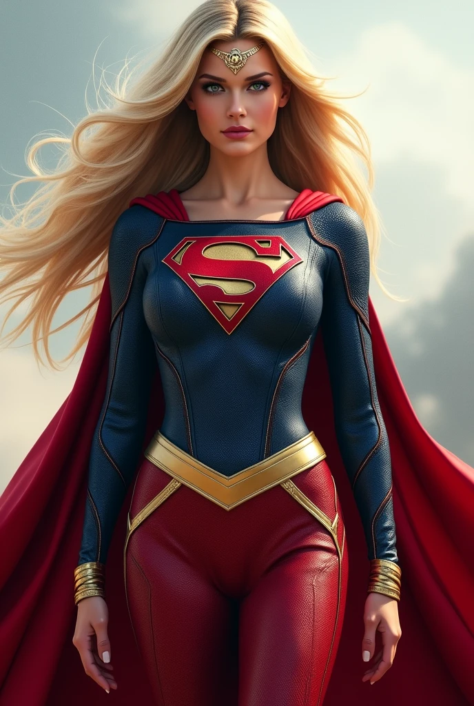 A beautiful woman with long blonde hair three feet long wearing the costume of the Kryptonian Kara Zor-El alias Supergirl Suit Blue and red jacket in leather red corset with Superman emblem on her chest red pants in leather gold knee-high boots with gold trim long gold bracelets Diaema with logo or emblem of Superman on her forehead