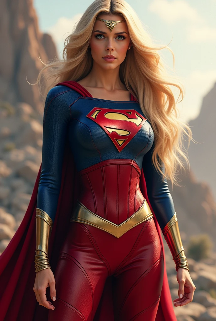A beautiful woman with long blonde hair three feet long wearing the costume of the Kryptonian Kara Zor-El alias Supergirl Suit Blue and red jacket in leather red corset with Superman emblem on her chest red pants in leather gold knee-high boots with gold trim long gold bracelets Diaema with logo or emblem of Superman on her forehead