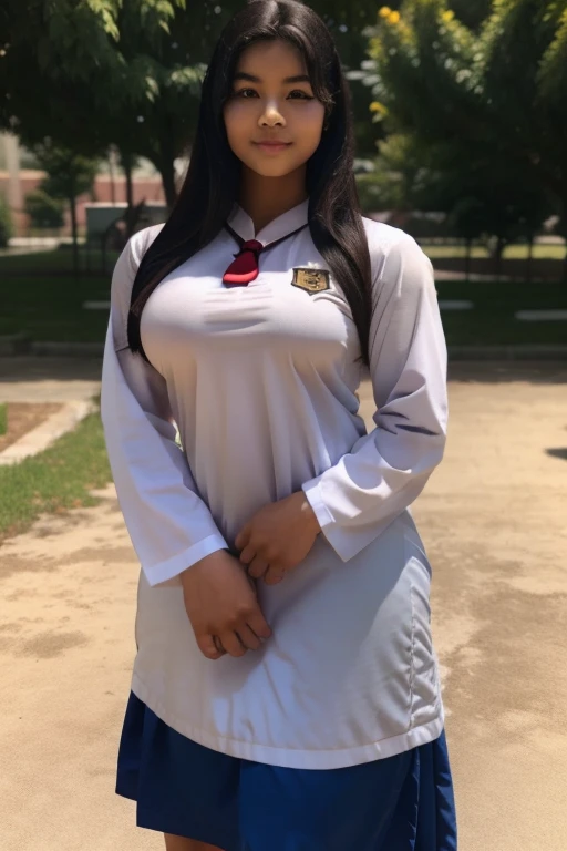 busty asian High school girl on the school yarD LOOKING AT A BOY SHE LIKES TALK TO ANOTHER GIRL. Cinematic lighting and the girl is beautlful with black hair, is shapely , busty with slim waist in school girl uniform