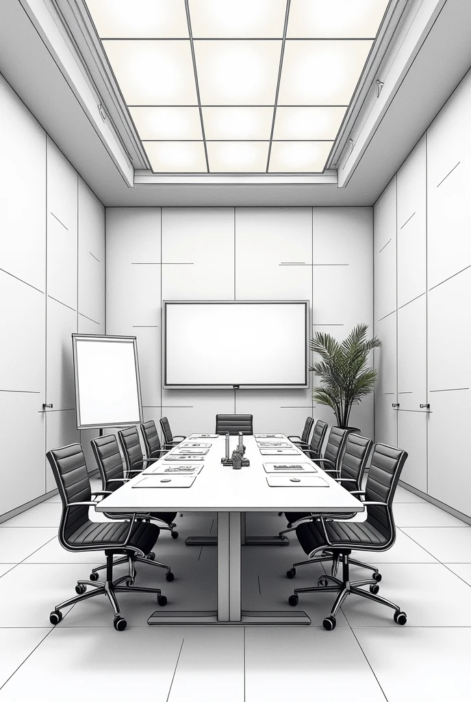 Capturing the attention to detail by drawing a well-organized meeting room with a conference table, chairs, presentation materials, and technological devices. Pay attention to details such as the placement of chairs, the arrangement of paper documents, the neatness of cables, and the clarity of the presentation screen. This drawing will visually depict the importance of attention to detail in creating a professional and effective business environment.
