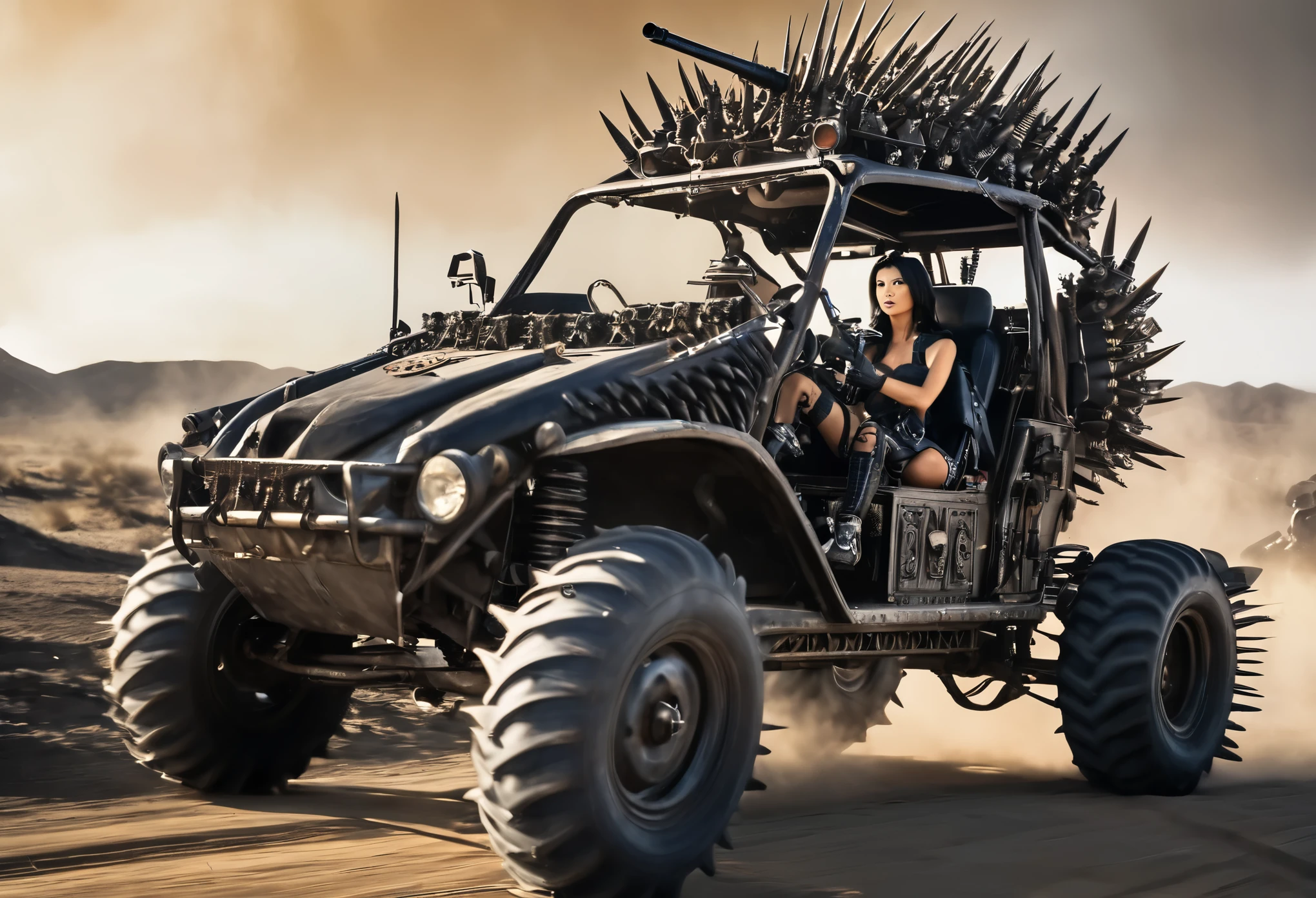 Movie Road Warrior) Action photography of a wasteland rail buggy with many spikes, guns, and lights, driven by a cannibal mutant (Kelly Hu, age 25, sexy leathers, mohawk, tattoos), low angle view
