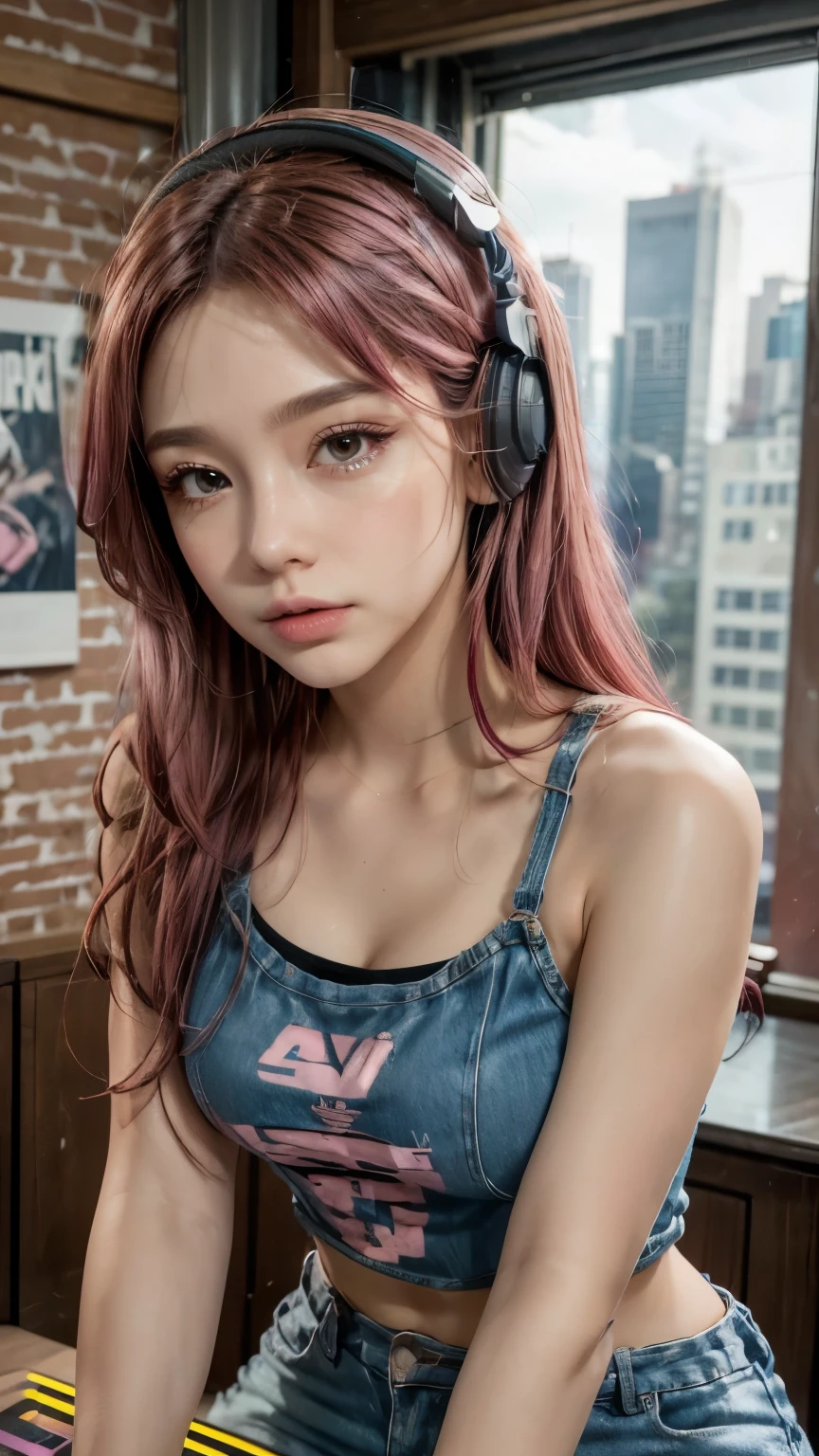 Pink Hair Girl, Paper by Morena Clara, With gal make-up, On the DJ table, wearing a gal outfit and headphones