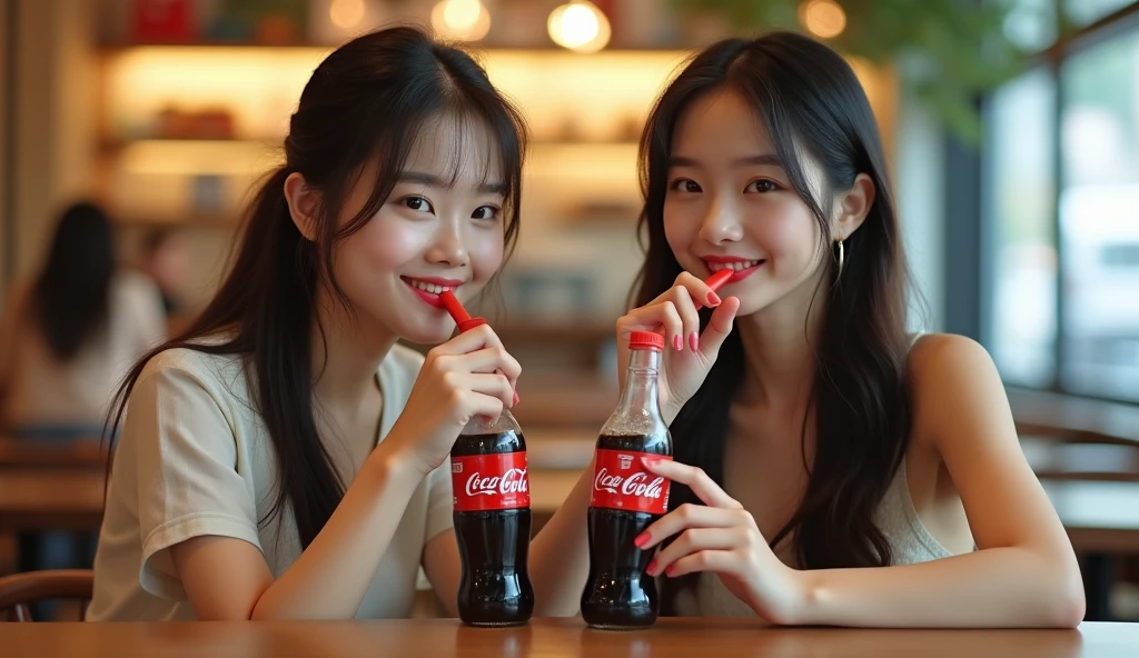 Two beautiful Korean girls are sitting drinking coca-cola in a cafe, cinema lighting, real photo, advertising style, daylight, cold light,