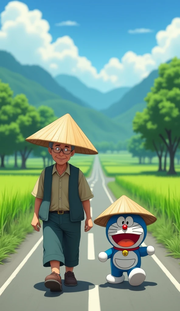 Uncle Tam, the farmer, walks on the road with Doraemon, both wearing conical hats., The scenery on both sides is trees,grass, Rice fields. Sharp 3D image