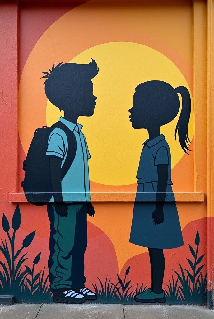 A school values mural in muralist art, that there are simply two silhouettes and that the values are conceptual and that the people are not realistic, but rather they be simple