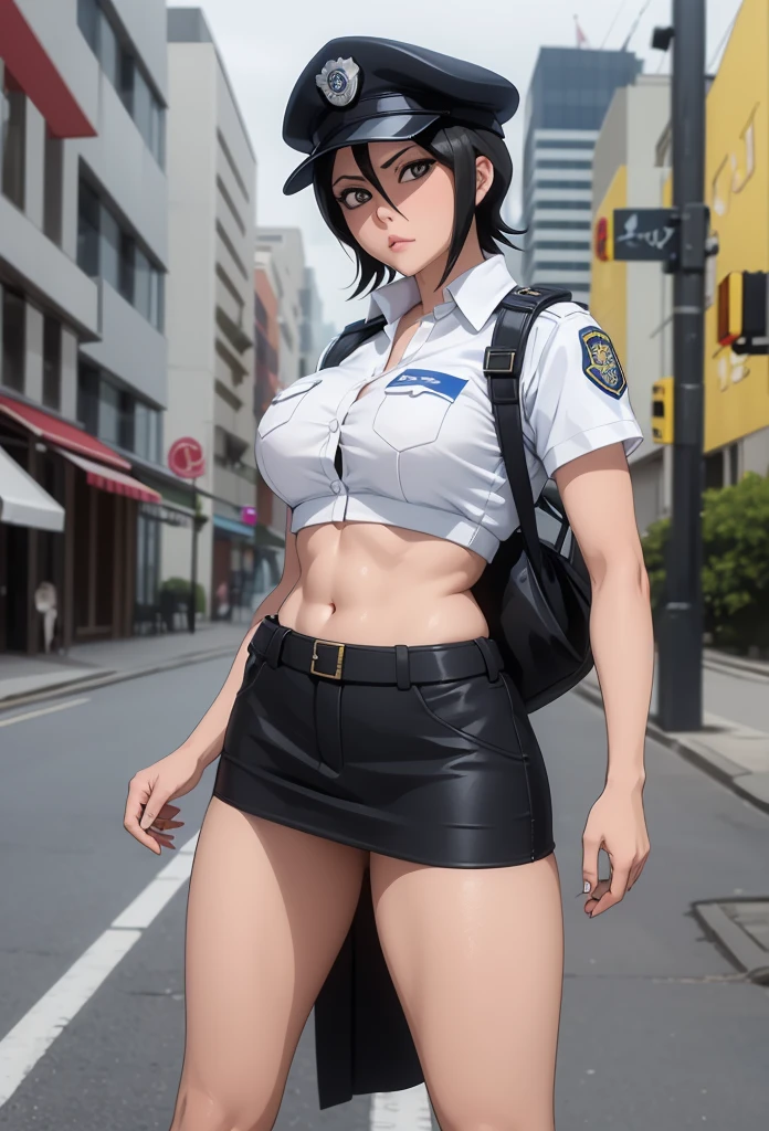 Masterpiece,Solo,1Girl,Rukia Kuchiki,(Bleach),Big Breasts,Perfect Body,Best Quality,High Resolution,Photograph 16K,Ultra Detailed,Short Hair,Beautiful,Beautiful Girl,Street Version,Blonde Hair,Female Police Theme,Female Police Uniform,Police Short Skirt,Police Hat,Sexy Body Hot,Black Hair,Sexy Uniform